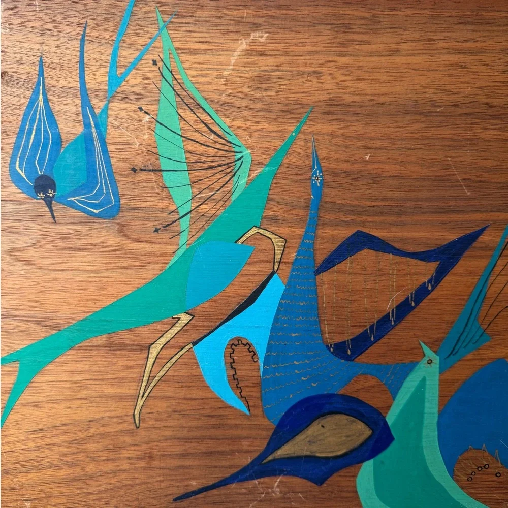 Vintage MCM Blue and Gold Abstract Wall Art Painted Birds on Wood